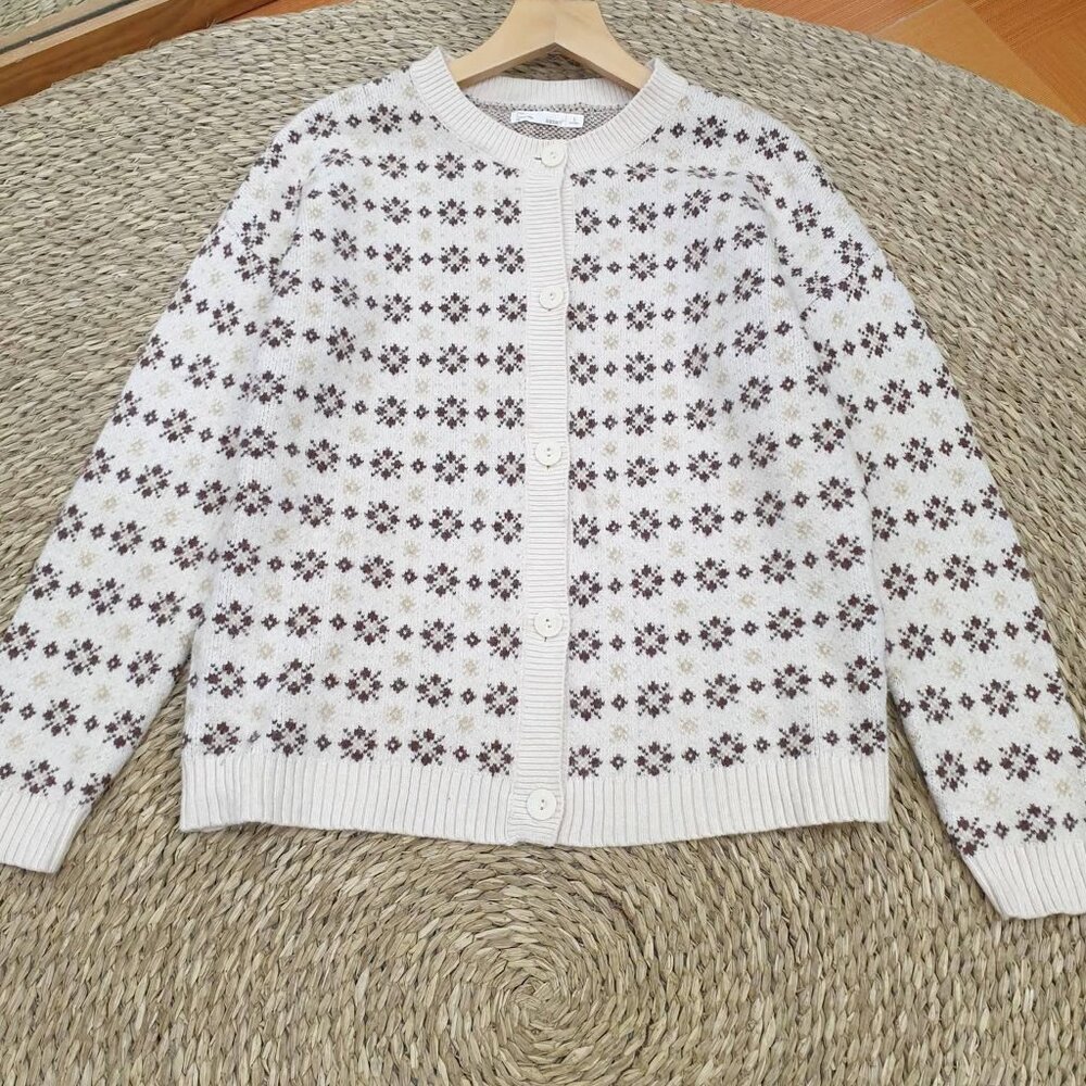 Cream Fair Isle Snowflake Knit Button Cardigan Cozy Top